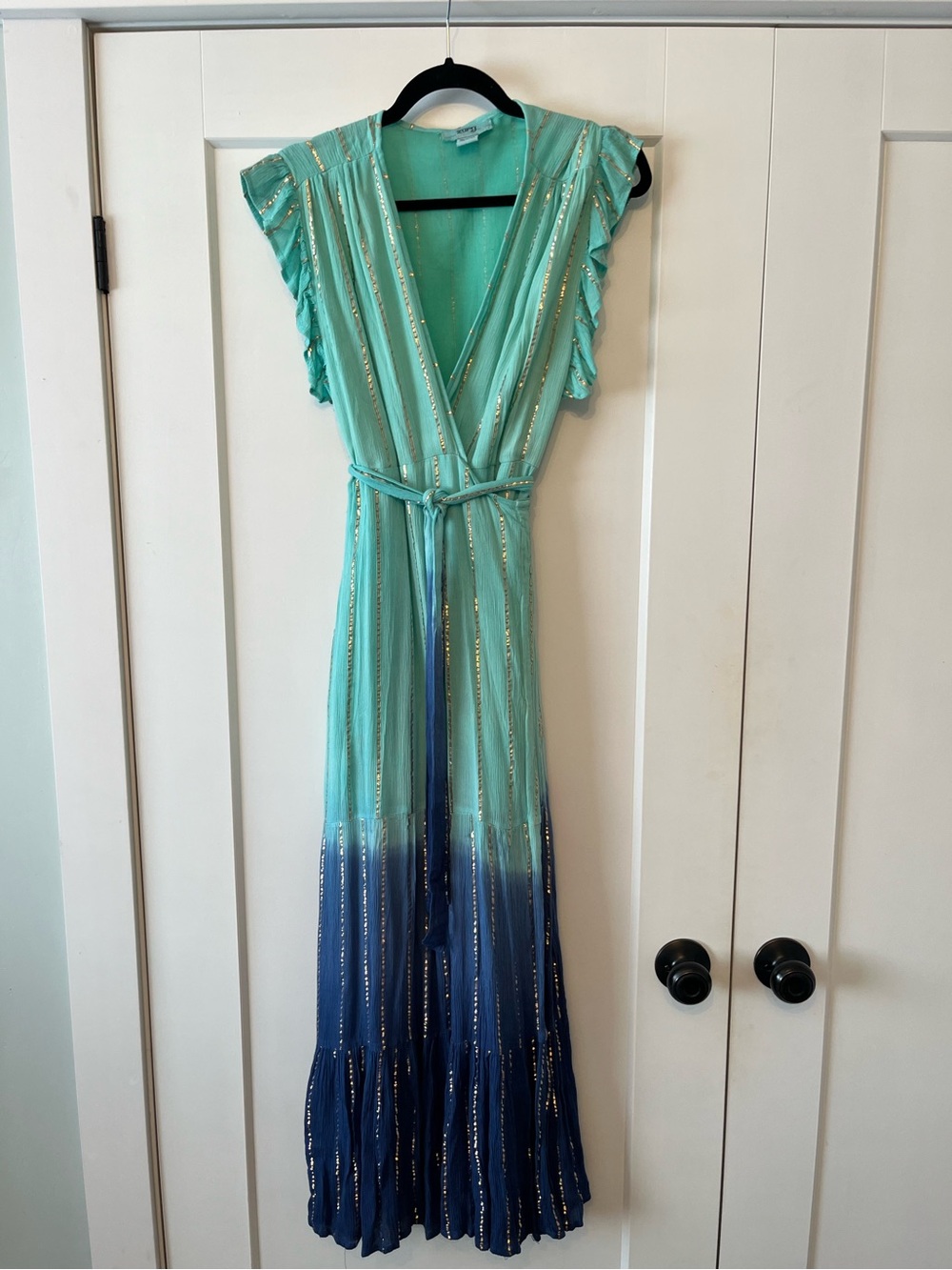 Ombre Mint-to-Navy Wrap Maxi Dress with Gold Accents